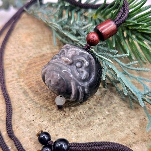Nature Silver Obsidian Cat Eye Flash Daruma Doll Pendant Necklace - Picture 10 of 10